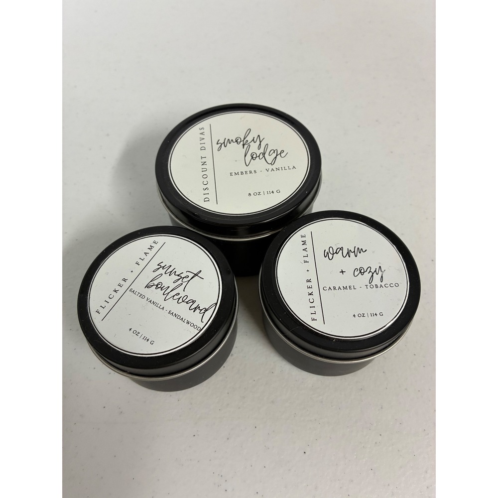 Flicker + Flame Scented Candle Set Smoky Lodge Sunset Blvd Warm Cozy 3pk NEW